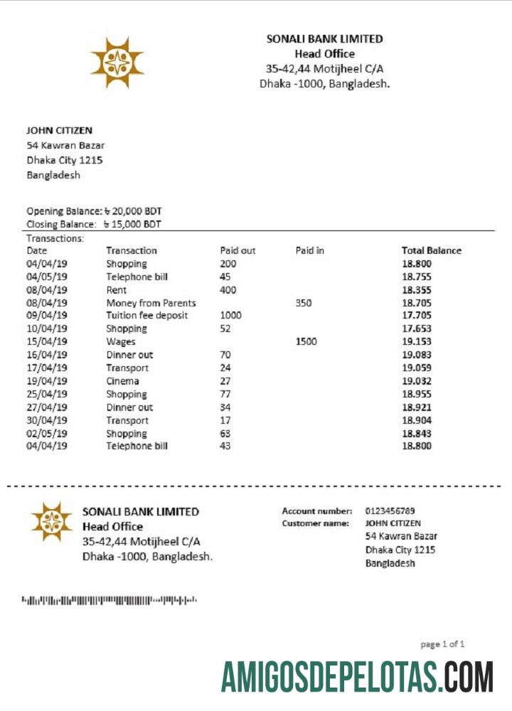 Bangladesh Sonali extrato bancário amostra